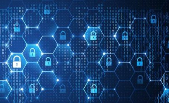 Digital cybersecurity concept with hexagonal grid, binary code, and padlock icons representing data protection and network security.